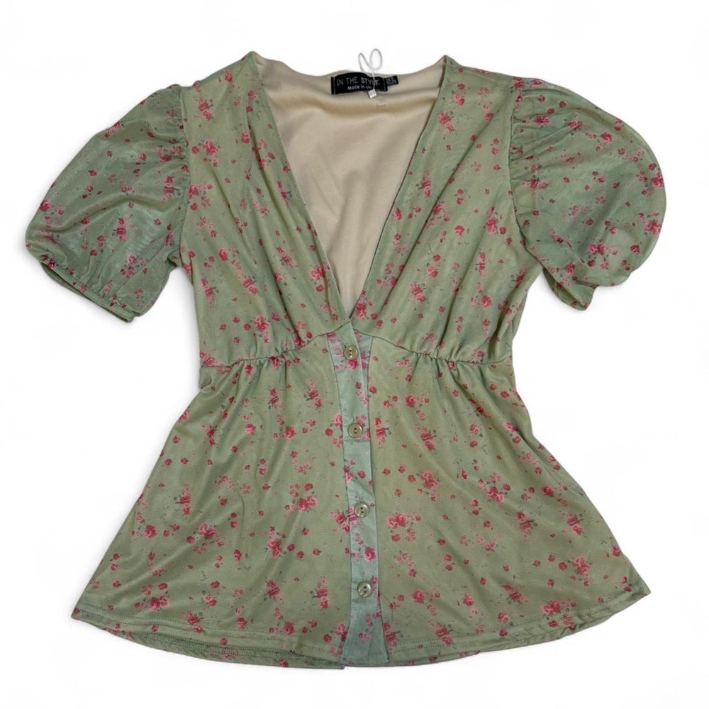 Y2K Mesh Green & Pink Floral Babydoll Top